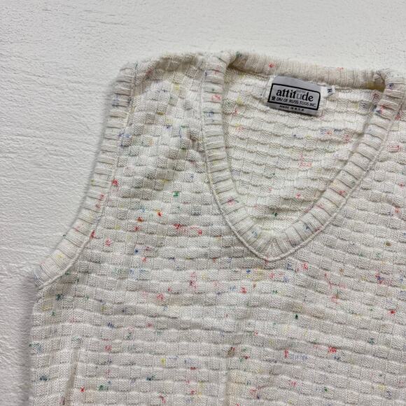 Vintage 80s New Attitude Knit Sweater Vest White Rainbow Speckled, Size M - Picture 2 of 7